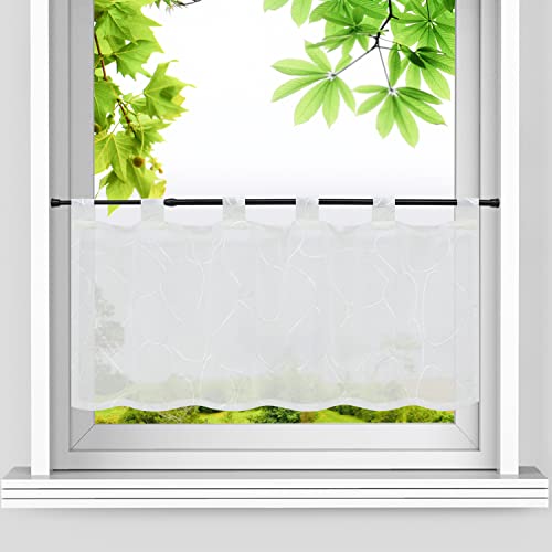 HeichkelL Scheibengardine mit Schlaufen Bistrogardine Landhausstil Transparente Kleinfenster Kurzgardine Leinenoptik Steineförmige Stickerei Weiß HxB 30x120 cm von HeichkelL