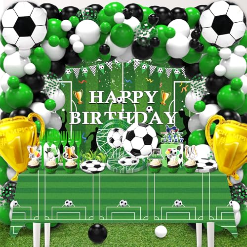 Fußball-Geburtstagsparty-Dekorationen, Fußball-Party-Dekorationen, inklusive Ballonbogen, Hintergrund, Kuchendekoration, Geschirr, Tischdecke von Heidaman