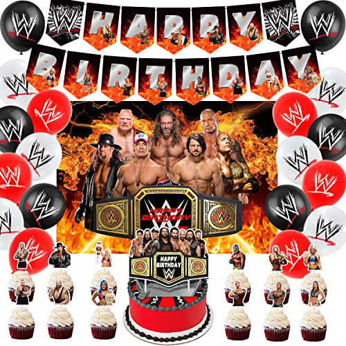 Wrestling-Partyzubehör, Geburtstags- und Geburtstagsparty-Dekorationsset, inklusive Hintergrund, Banner, Luftballons, Kuchen-Tops von Heidaman