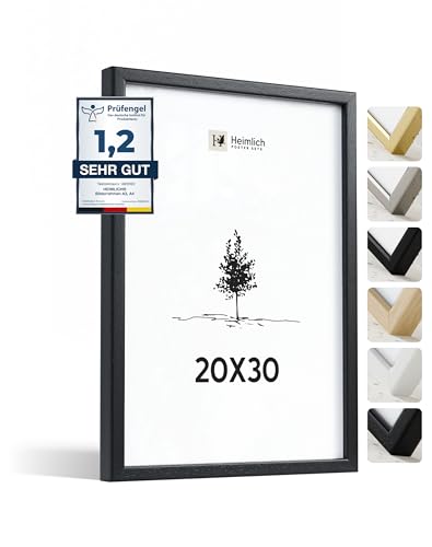 Heimlich® – Bilderrahmen – 20x30 cm, Ayous-Holz, Schwarz – Kleiner Urkundenrahmen mit Kunststoffabdeckung – Wandmontage oder Tischaufsteller von Heimlich