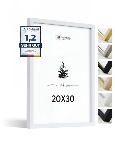 Heimlich® - Bilderrahmen - 20x30 cm, Ayous-Holz, Weiß - Kleiner Rahmen für Dokumente und Urkunden mit Folienabdeckung - Zur Wandmontage oder als Tischaufsteller von Heimlich