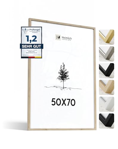 Heimlich® 1x Bilderrahmen 50x70 cm Eiche Rahmen 1-Pack | Dokumentenrahmen 50x70 cm Groß Collage | Holzrahmen Holz-Bilderrahmen Echtholz | Picture Frame 50x70 Fotorahmen zum Aufhängen von Heimlich