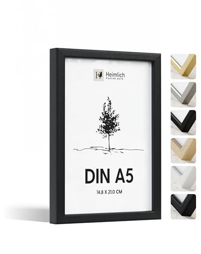 Heimlich® 1x Bilderrahmen DIN A5 14,8x21 cm Schwarz Holz Rahmen 1-Pack | Dokumentenrahmen 14,8x21 cm Klein Collage | Holzrahmen Holz-Bilderrahmen Poster Echtholz | Picture Frame A5 Fotorahmen von Heimlich