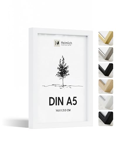 Heimlich® - Bilderrahmen - A5 14,8x21 cm Ayous Holz, Weiß – Diplom-Poster-Collage-Rahmen mit Folienabdeckung – Wandmontage oder Tischaufsteller von Heimlich