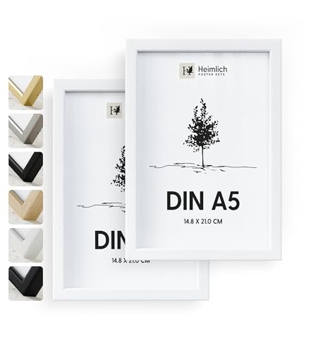 Heimlich® - Bilderrahmen - A5 14,8x21 cm, Ayous-Holz, Weiß, 2er-Pack - Diplom-Poster-Collage-Rahmen mit Folienabdeckung - Wandmontage oder Tischaufsteller von Heimlich