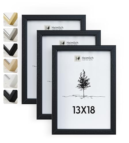 Heimlich® 3x Bilderrahmen 13x18 cm Schwarz Rahmen 3-Pack | Dokumentenrahmen 13x18 cm Klein Collage | Holzrahmen Holz-Bilderrahmen Echtholz | Picture Frame 13x18 Fotorahmen zum Aufhängen von Heimlich