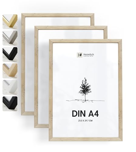 Heimlich® - Bilderrahmen - A4 21x30 cm, Ayous-Holz, Eichenfarbe, 3er-Pack - Urkunden-, Diplom- und Dokumentenrahmen mit Folienabdeckung - Wandmontage oder Tischaufsteller von Heimlich