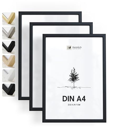 Heimlich® 3x Bilderrahmen DIN A4 21x30 cm Schwarz Holz Rahmen 3-Pack | Dokumentenrahmen 21x29,7 cm Klein Collage | Holzrahmen Holz-Bilderrahmen Echtholz | Picture Frame A4 Fotorahmen von Heimlich
