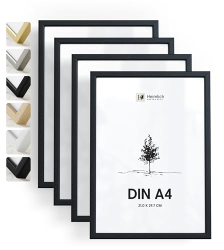 Heimlich® 4x Bilderrahmen DIN A4 21x30 cm Schwarz Holz Rahmen 4-Pack | Dokumentenrahmen 21x29,7 cm Klein Collage | Holzrahmen Holz-Bilderrahmen Echtholz | Picture Frame A4 Fotorahmen von Heimlich