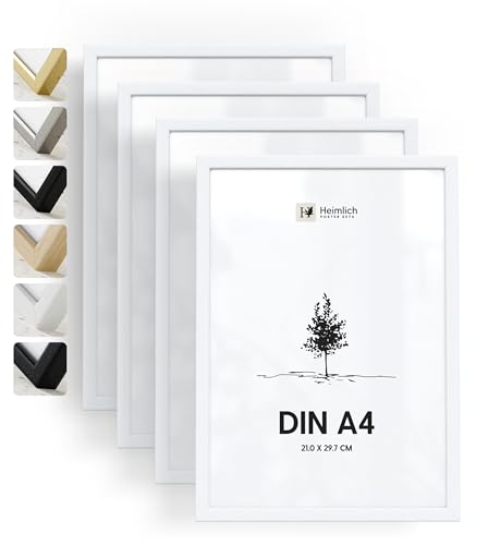 Heimlich® - Bilderrahmen - A4 21x30 cm, Ayous-Holz, Weiß, 4er-Pack - Urkunden-, Diplom- und Dokumentenrahmen mit Folienabdeckung - Wandmontage oder Tischaufsteller von Heimlich