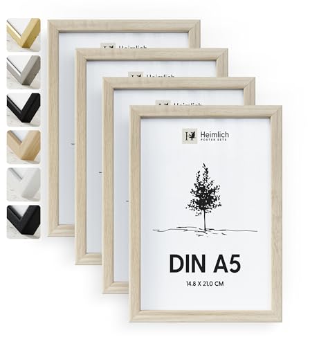 Heimlich® - Bilderrahmen - A5 14,8 x 21 cm, Ayous-Holz, Eichenfarbe, 4er-Pack – Diplom-Poster-Collage-Rahmen mit Kunststoffabdeckung – Wandmontage oder Tischaufsteller von Heimlich