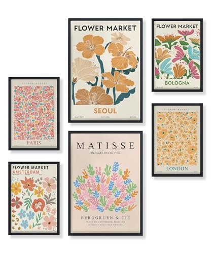 Heimlich® 6er Poster Set mit Bilderrahmen Holz Schwarz | Blumenmarkt Design Bilder Wohnzimmer | Verschiedene Städte | Poster & Kunstdrucke | 2x A3 (30x42 cm) & 4x A4 (21x30 cm) von Heimlich