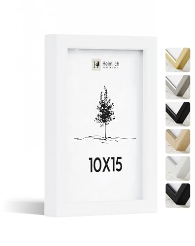 Heimlich® - Bilderrahmen - 10x15 cm, Ayous-Holz, Weiß - Kleiner Bilderrahmen mit Folienabdeckung - Zur Wandmontage oder als Tischaufsteller von Heimlich