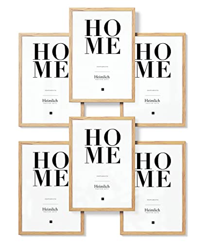 Heimlich® Bilderrahmen Collage 6x DIN A4 Holz Natur | Bilderrahmen 21 x 29,7 cm (8.3 x 11.7 in) Natur mit bruchsicherem Acrylglas | Bilderrahmen Set Holz A4 (4 STK.) von Heimlich