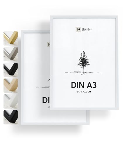 Heimlich® - Bilderrahmen - A3 29,7x42 cm, Ayous-Holz, Weiß, 2er-Pack - Kleine Posterrahmen - Nur zur Wandmontage von Heimlich