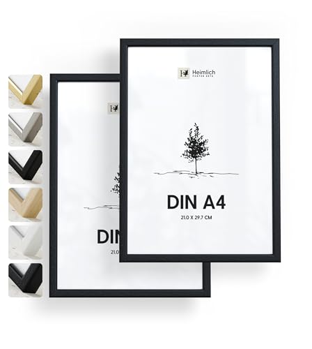 Heimlich® - Bilderrahmen - A4 21x30 cm, Ayous-Holz, Schwarz, 2er-Pack - Urkunden-, Diplom- und Urkundenrahmen mit Kunststoffabdeckung - Wandmontage oder Tischaufsteller von Heimlich