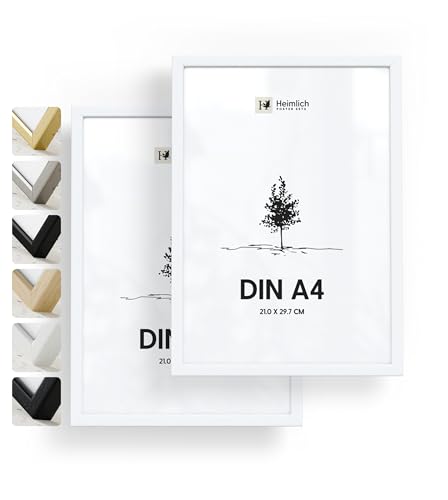 Heimlich® - Bilderrahmen - A4 21x30 cm, Ayous-Holz, Weiß, 2er-Pack - Urkunden-, Diplom- und Urkundenrahmen mit Kunststoffabdeckung - Wandmontage oder Tischaufsteller von Heimlich