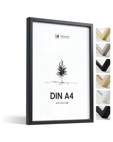 Heimlich® - Bilderrahmen - A4 21x30 cm, Ayous-Holz, Schwarz, Urkunden-, Diplom- und Urkundenrahmen mit Kunststoffabdeckung - Wandmontage oder Tischaufsteller von Heimlich