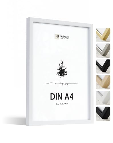 Heimlich® - Bilderrahmen - A4 21x30 cm, Ayous-Holz, Weiß Bilderrahmen für Urkunden, Diplome und Dokumente mit Folienabdeckung – Wandmontage oder Tischaufsteller von Heimlich