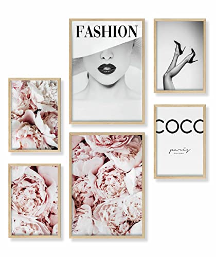 Heimlich® Premium Poster Set mit Bilderrahmen Holz Eiche | 2 x DIN A3 & 4 x DIN A4 - ca. 30x42 & 21x30 | Stilvolle Poster Collagen mit passenden Bilder als Wanddeko » Coco Pinke Mode « von Heimlich