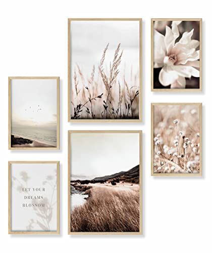 Heimlich® Premium Poster Set mit Bilderrahmen Holz Eiche | 2 x DIN A3 & 4 x DIN A4 - ca. 30x42 & 21x30 | Stilvolle Poster Collagen mit passenden Bilder als Wanddeko » Meer Strand Blumen « von Heimlich