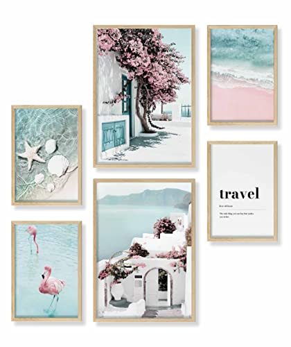 Heimlich® Premium Poster Set mit Bilderrahmen Holz Eiche | 2 x DIN A3 & 4 x DIN A4 - ca. 30x42 & 21x30 | Stilvolle Poster Collagen mit passenden Bilder als Wanddeko » Strand Pink Flamingo « von Heimlich