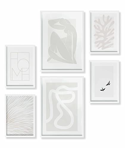 Heimlich® Premium Poster Set mit Bilderrahmen Holz Weiss | 2 x DIN A3 & 4 x DIN A4 - ca. 30x42 & 21x30 | Stilvolle Poster Collagen mit passenden Bilder als Wanddeko » Abstrakt Matisse Beige « von Heimlich