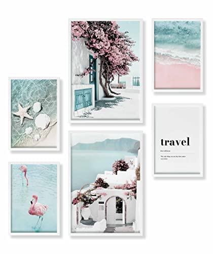 Heimlich® Premium Poster Set mit Bilderrahmen Holz Weiss | 2 x DIN A3 & 4 x DIN A4 - ca. 30x42 & 21x30 | Stilvolle Poster Collagen mit passenden Bilder als Wanddeko » Strand Pink Flamingo « von Heimlich