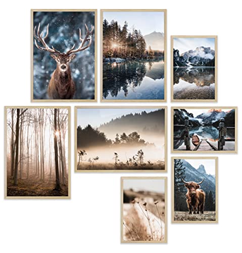 Heimlich® Premium Poster Set mit Bilderrahmen edle FOREVER Holz Eiche | 4 x DIN A3 & 4 x DIN A4 - ca. 30x42 & 21x30 | Stilvolle Poster Collagen mit modernen Bilder als Wanddeko |Achtsamkeit in Natur von Heimlich