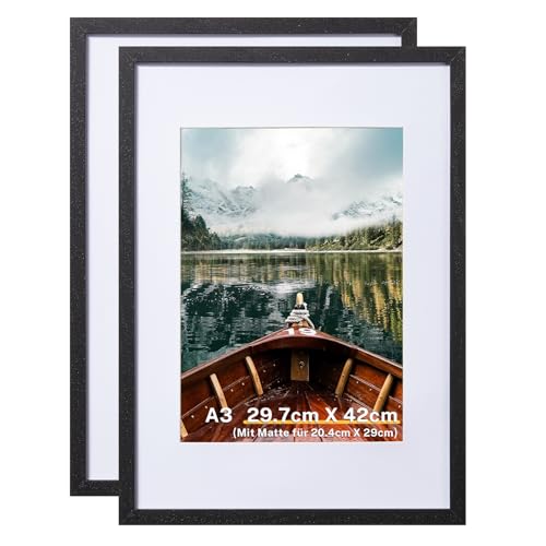 Heimwohl Din A3 Bilderrahmen Schwarz, A3 Bilderrahmen Holz, 29.7cm x 42cm Groß Rahmen mit A4-Rahmenmatte für Schlafzimmer/Wohnzimmer/Galerie/Flurdekoration, 2 Packungen von Heimwohl
