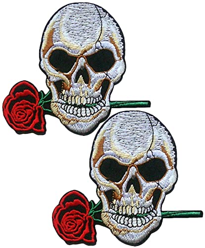 Heiorpai 2 x Aufnäher mit Rose in Totenkopf-Mund, Skelett-Motiv, bestickt, cool, zum Aufbügeln oder Aufnähen von Heiorpai