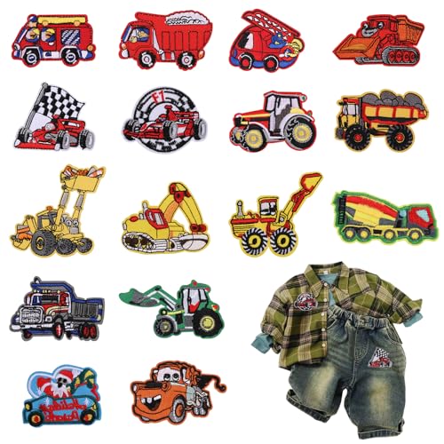 Hejo 16 Stück Patches Zum Aufbügeln Kinder, Baufahrzeug Patch Kit, DIY Bügelflicken, Flicken Zum Aufbügeln, Aufnäher Patches, Bügelbilder für Jeans, T-Shirt, Kleidung, Taschen und Mützen von Hejo