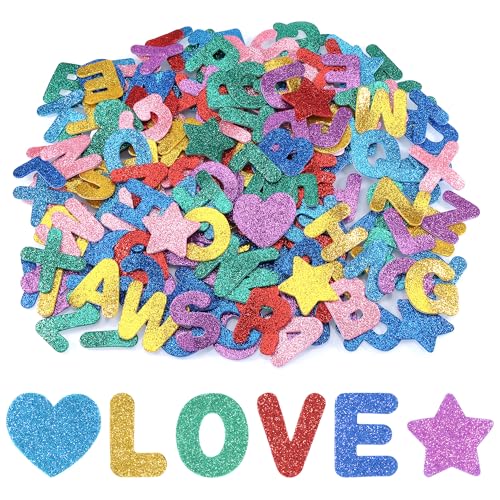 Hejo 196 Stück Moosgummi Buchstaben, Funkeln Aufkleber, Bunte Glitzer Selbstklebend, Glitter Alphabet Klebebuchstaben Groß für Kartendekoration Kinder Lernen (7 Farben) von Hejo