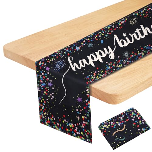 Hejo Tischläufer Geburtstag Deko, Dicke Party Tischdecke Deko, Happy Birthday Deko, Mehrweg Geburtstagsdeko Tisch für Geburtstag Party Dekoration (Schwarz, 33×183cm) von Hejo