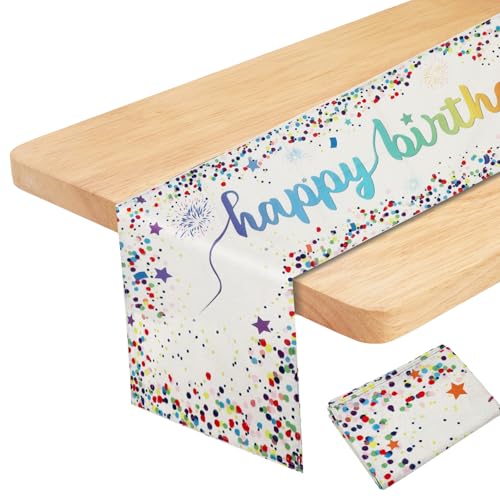 Hejo Tischläufer Geburtstag Deko, Dicke Party Tischdecke Deko, Happy Birthday Deko, Mehrweg Geburtstagsdeko Tisch für Geburtstag Party Dekoration (Weiß, 33×183cm ) von Hejo