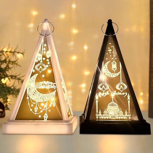 2 Stück Ramadan Deko Laterne, Ramadan Dekoration LED Pyramide Lichter Ramadan Deko Tisch Muslim Islam Eid Ramadan Festival Dekorationen, Ramadan Geschenke (WeißA+SchwarzA) von Hekasvm