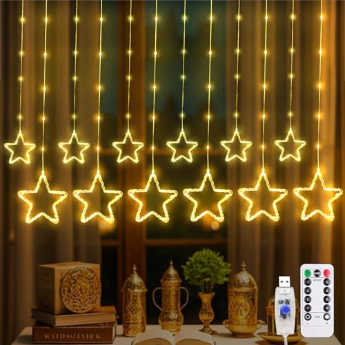 Hekasvm LED Ramadan Sterne Lichterkette mit Fernbedienung und Timer, 8 Lichtmodus, 3.5x5m Ramadan Deko Fensterbeleuchtung mit 12er Sterne, USB Lichtervorhang Innen Sterne Mond Hekasvm LED Ramadan Sterne Lichterkette mit Fernbedienung und Timer, 8 Lichtmodus, 3.5x5m Ramadan Deko Fensterbeleuchtung mit 12er Sterne, USB Lichtervorhang Innen Sterne Mond von Hekasvm