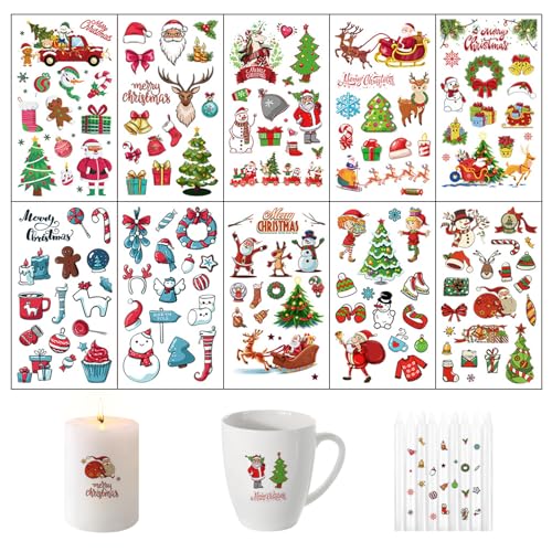 Kerzentattoos Weihnachten, 10 Bögen Kerzentattoos Bunt Wasserschiebefolie Kerzen Tattoo Folie Kerzenaufkleber Sticker kerzenfolie Für DIY Tasse Kerze Weihnachten Geschenk Für Kerzen/Keramik (A) von Hekasvm