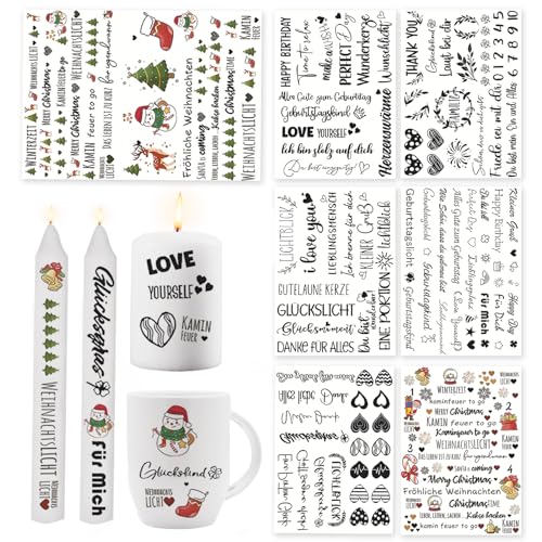 Kerzentattoos Weihnachten Deko, 7 Bögen Kerzentattoos Bunt Wasserschiebefolie Kerzen Tattoo Folie Kerzenaufkleber Sticker Für DIY Tasse Kerze Weihnachten Geschenk Für Kerzen/Keramik (A) von Hekasvm