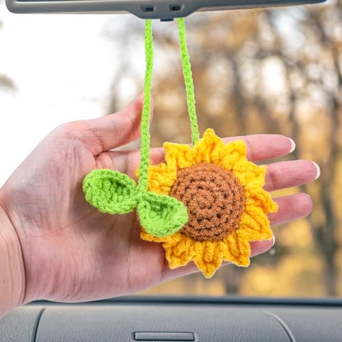 2 Stück Sonnenblumen Auto Spiegel Anhänger Deko Häkelblumen Auto Anhänger für Spiegel Häkelpflanze Taschenanhänger Damen Schlüsselanhänger Gehäkelte Sonnenblumen Autozubehör Innenraum Deko von HekouJiub