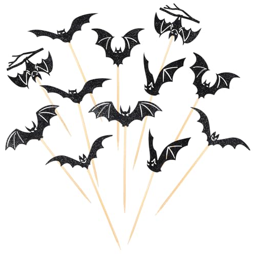 48 Stück Halloween Tortendeko Schwarz Fledermaus Cupcake Topper Kuchen Deko Glitzer Fledermaus Happy Birthday Tortendeko Geburtstag Cupcake Picker Essensspieße für Halloween Mottoparty von HekouJiub
