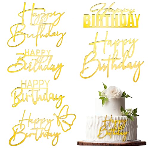 6 Stück Happy Birthday Tortendeko Geburtstag Wiederverwendbar Cake Topper Acryl Happy Birthday Kuchen Topper Geburtstag Kuchendekoration für Babyparty Party Geburtstagskuchen (Gold) von HekouJiub