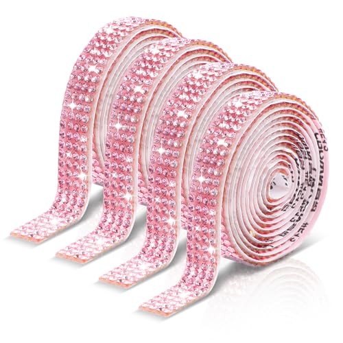 HekouJiub 4 Rollen Strassband Selbstklebend Glitzersteine Selbstklebende Glitzerband Strass Rollen Kristall Diamant Band Sticker für Hochzeit Geburtstag Party DIY Handy Dekoration (Rosa) von HekouJiub