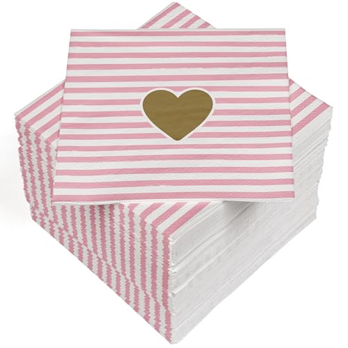 HEKU 100 Servietten, 3-lagig, 33x33cm, Herz auf rosa-weißen Streifen I Saugstark und praktisch verpackt I Breite Auswahl I Ideal für besondere Anlässe von Heku