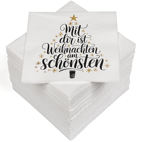 HEKU 100 Servietten, 3-lagig, 33x33cm, "Mit dir ist Weihnachten am Schönsten"-Schriftzug I Saugstark und praktisch verpackt I Breite Auswahl I Ideal für besondere Anlässe von Heku