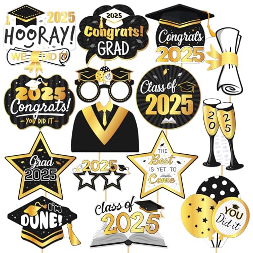Foto-Requisiten für 2025 Abschluss, 2025 Grad, Party-Dekorationen, Posenschilder, Klasse 2025, für Hochschule, Glückwunsch, Graduiertenabschluss, mit großer Karte, 15 Stück, Schwarz und Gold Foto-Requisiten für 2025 Abschluss, 2025 Grad, Party-Dekorationen, Posenschilder, Klasse 2025, für Hochschule, Glückwunsch, Graduiertenabschluss, mit großer Karte, 15 Stück, Schwarz und Gold von Helewilk