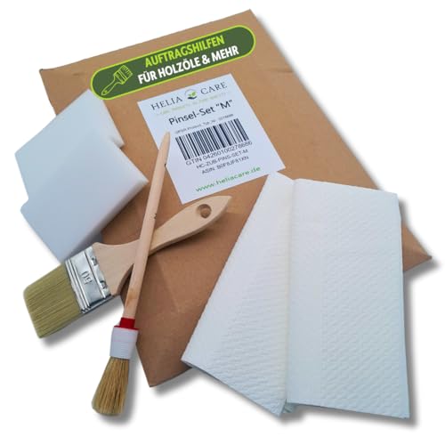 HeliaCARE Pinselset M - Pinsel Set mit 1x Flachpinsel 50mm, 1x Rundpinsel (2er), 2X Auftragsschwamm & 2X Ölsaugtuch - Hochwertige Ölpinsel für Holzpflege - Premium Lackpinsel für Holz von HeliaCARE