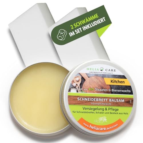 HeliaCARE Schneidebrett Balsam - BIO Holzwachs Lebensmittelecht - Bienenwachs Holzpflege aus Deutschland - Holzbalsam für Schneidebretter - Farb- und geruchlose Holzpolitur (50ml) von HeliaCARE