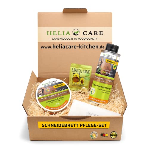 HeliaCARE Schneidebrett Pflege Set BIO - Premium Holzpflegemittel aus Deutschland - Farbloses Holzöl & Holzbalsam inkl. Abziehklinge - Lebensmittelechte Holzpflege für alle Holzarten von HeliaCARE