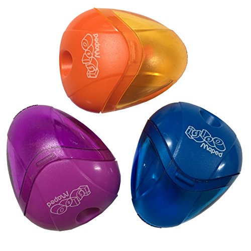 Maped I-Gloo 1 Loch Kunststoff Manuelle Bleistifte,Buntstifte,Buntstifte Spitzer Schreibwaren-Set mit Abdeckung, Abfallbehälter für Kinder, Schule, Klassenzimmer (3 Stück) Orange, Blau und Violett von Helix